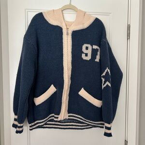 BAILEY ROSE Blue and Cream Knit Zip-Up Jacket L LARGE!